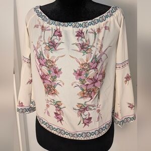 Blue Rain Off The Shoulder 3/4 Bell Sleeve Floral Ivory & Multi-Pink Top M Boho